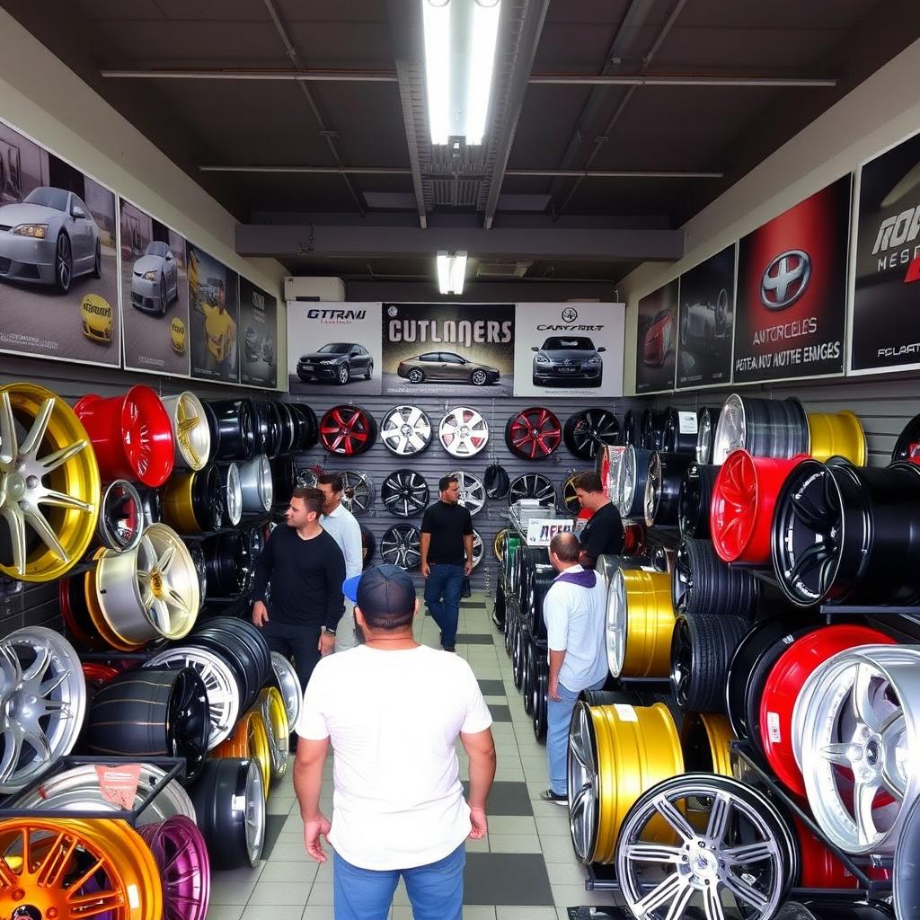 A vibrant and bustling rims shop owned by Hasan Shamaizadeh, filled with a variety of stylish and colorful rims on display