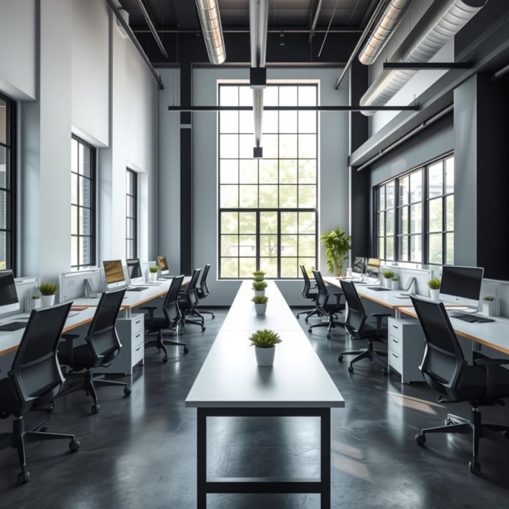 An industrial concept office space measuring 32 feet long and 15 feet wide, featuring six personal desks arranged in an efficient layout