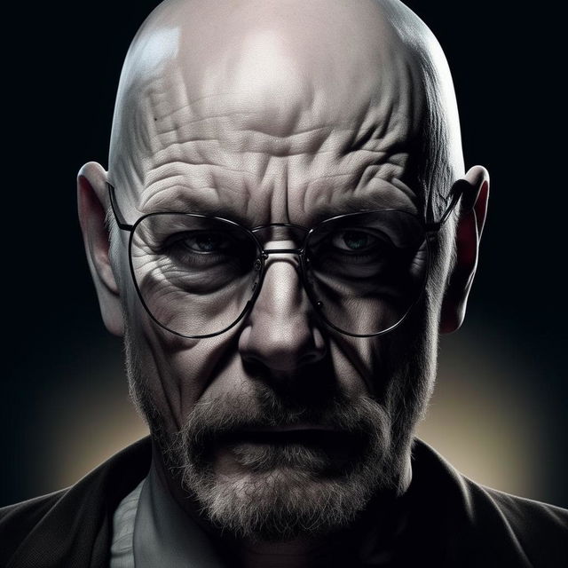 A detailed portrait of Walter White, the iconic character from Breaking Bad, with his signature glasses, bald head, and intense gaze.