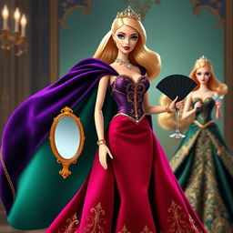 A jealous Disney Barbie in an elegant gala dress featuring a fitted corset and a voluminous skirt in dark colors like purple, emerald, or deep red, adorned with golden details and sparkling gemstones