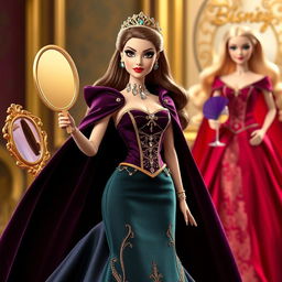 A jealous Disney Barbie in an elegant gala dress featuring a fitted corset and a voluminous skirt in dark colors like purple, emerald, or deep red, adorned with golden details and sparkling gemstones