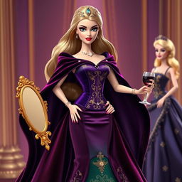 A jealous Disney Barbie in an elegant gala dress featuring a fitted corset and a voluminous skirt in dark colors like purple, emerald, or deep red, adorned with golden details and sparkling gemstones