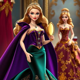 A jealous Disney Barbie in an elegant gala dress featuring a fitted corset and a voluminous skirt in dark colors like purple, emerald, or deep red, adorned with golden details and sparkling gemstones