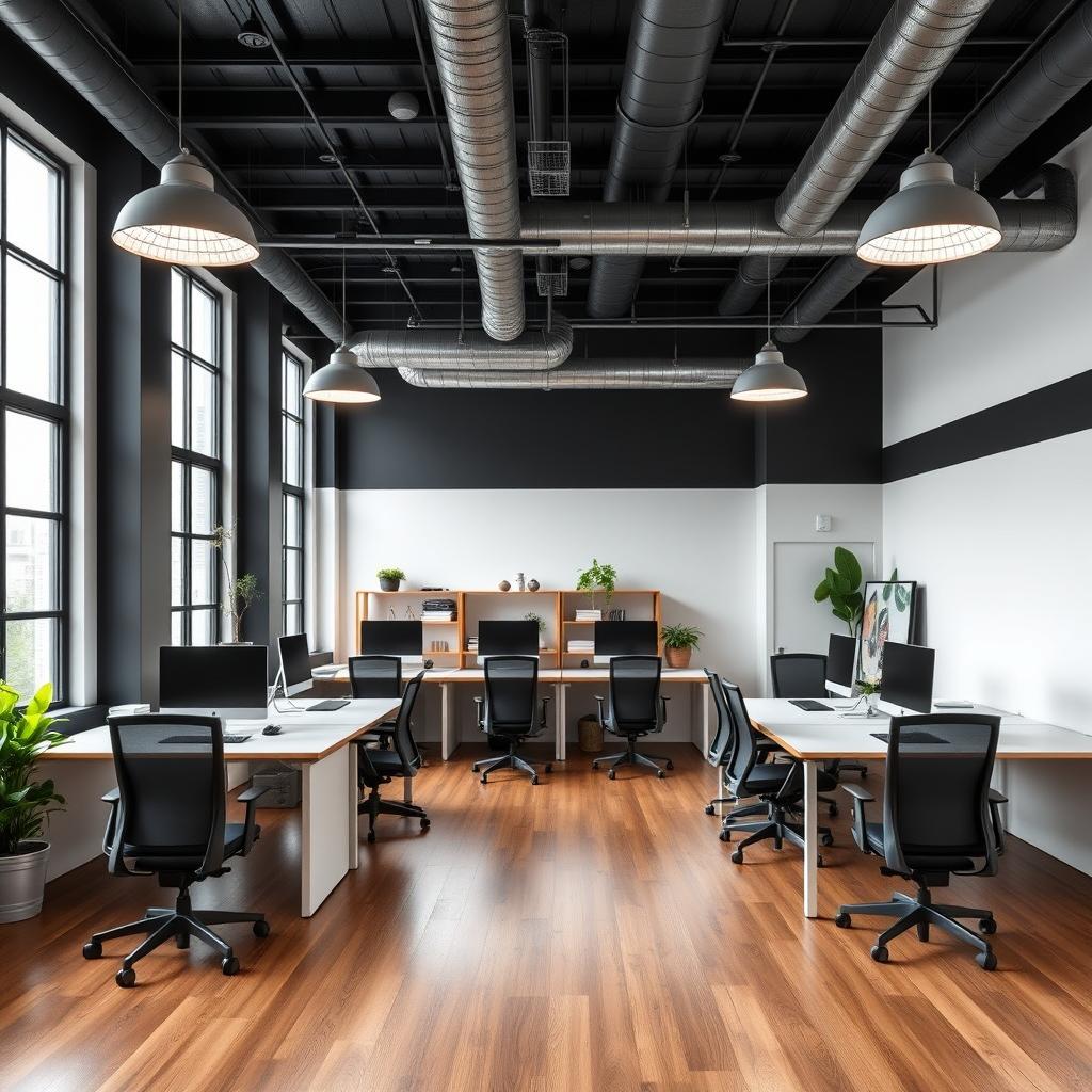 An industrial concept office space measuring 32 feet long and 15 feet wide, designed for collaboration among coworkers while serving clients effectively