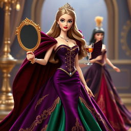 A jealous Disney-inspired Barbie in an elegant evening gown featuring a fitted corset and a voluminous skirt in dark tones like deep purple, emerald green, or rich red