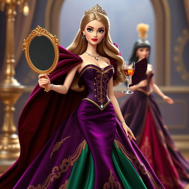 A jealous Disney-inspired Barbie in an elegant evening gown featuring a fitted corset and a voluminous skirt in dark tones like deep purple, emerald green, or rich red