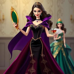 A jealous Disney-inspired Barbie in an elegant evening gown featuring a fitted corset and a voluminous skirt in dark tones like deep purple, emerald green, or rich red