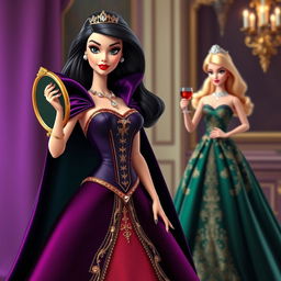 A jealous Disney-inspired Barbie in an elegant evening gown featuring a fitted corset and a voluminous skirt in dark tones like deep purple, emerald green, or rich red