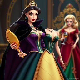 A jealous Disney-inspired Barbie in an elegant evening gown featuring a fitted corset and a voluminous skirt in dark tones like deep purple, emerald green, or rich red