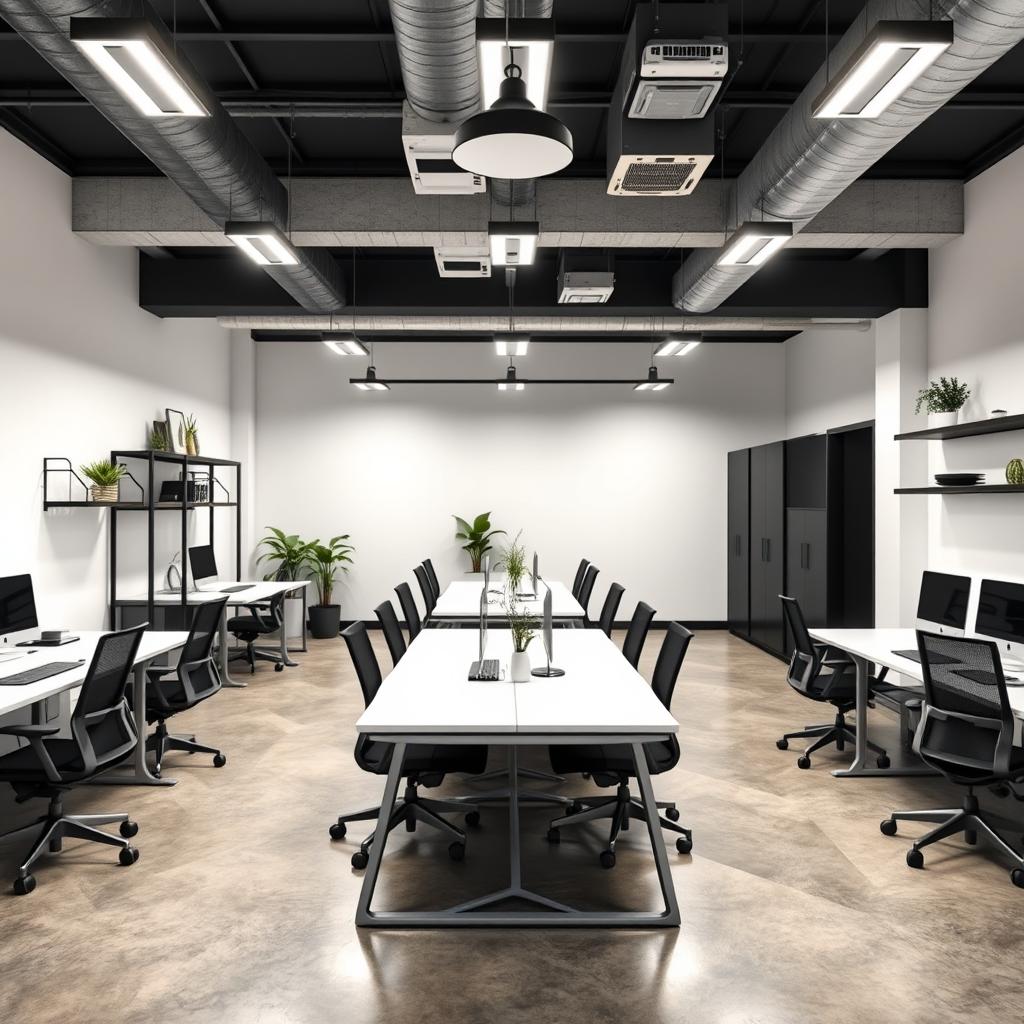 An industrial concept office space measuring 32 feet long and 15 feet wide, designed for efficient collaboration among coworkers while serving clients