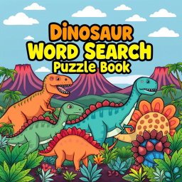 An exciting cover design for a 'Dinosaur Word Search Puzzle Book'