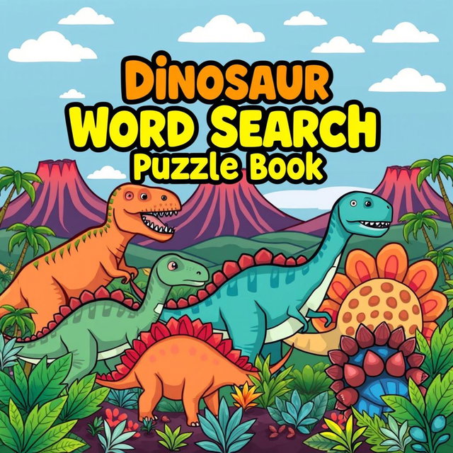 An exciting cover design for a 'Dinosaur Word Search Puzzle Book'