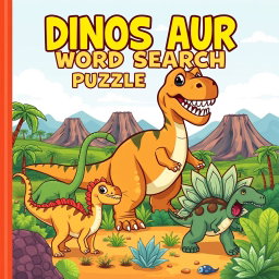 An exciting cover design for a 'Dinosaur Word Search Puzzle Book'
