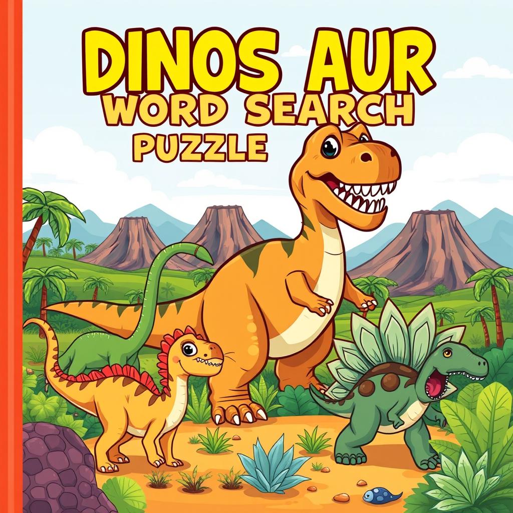 An exciting cover design for a 'Dinosaur Word Search Puzzle Book'
