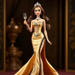 Barbie ICM personifying luxury and ambition, wearing an elegant haute couture dress in either satin gold or black with embellished details and fine lace