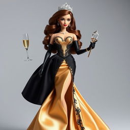 Barbie ICM personifying luxury and ambition, wearing an elegant haute couture dress in either satin gold or black with embellished details and fine lace