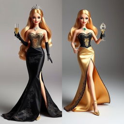 Barbie ICM personifying luxury and ambition, wearing an elegant haute couture dress in either satin gold or black with embellished details and fine lace