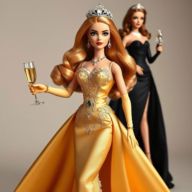 Barbie ICM personifying luxury and ambition, wearing an elegant haute couture dress in either satin gold or black with embellished details and fine lace