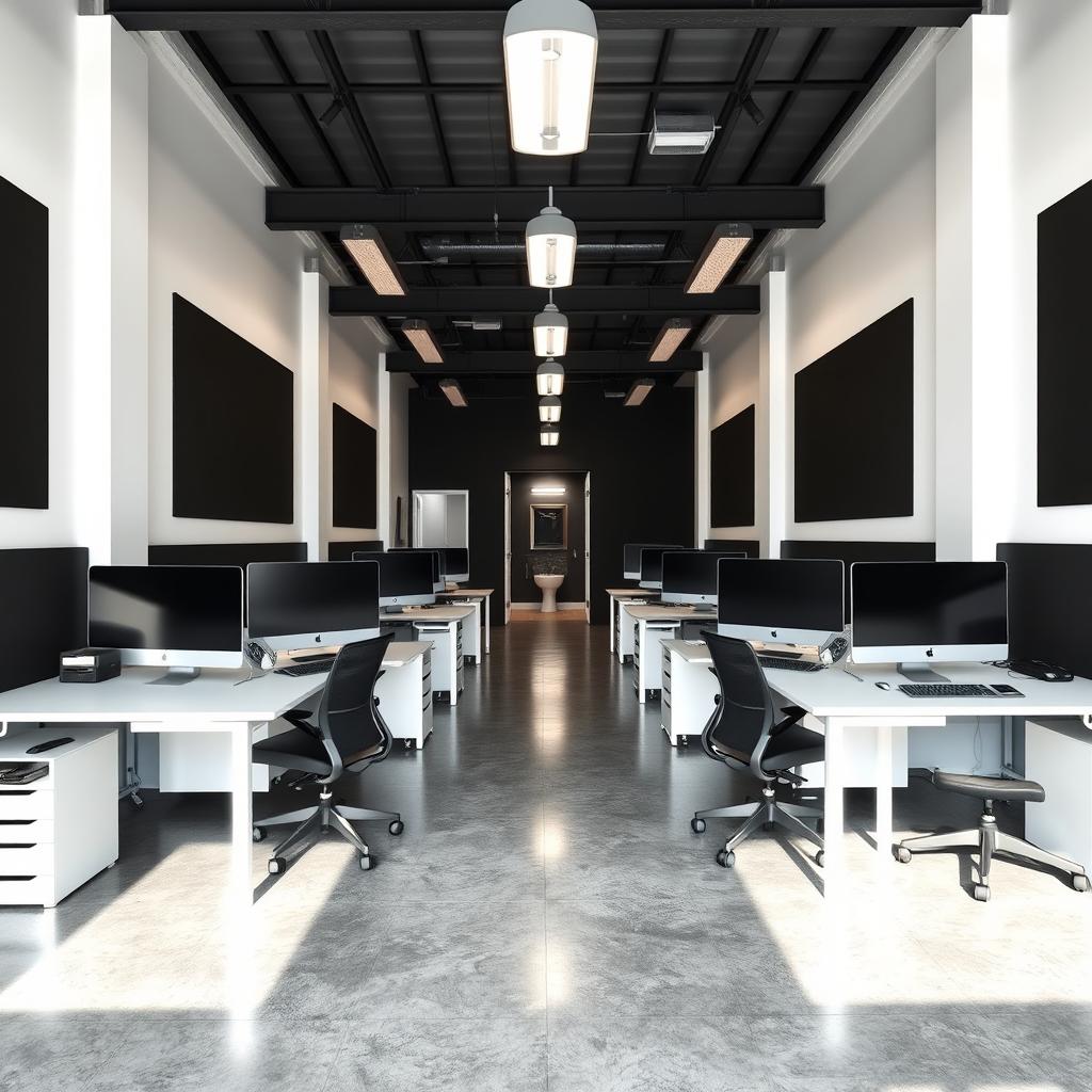 An industrial concept office space measuring 32 feet long and 15 feet wide, designed for optimal functionality with six individual desks for coworkers positioned at the front to serve customers