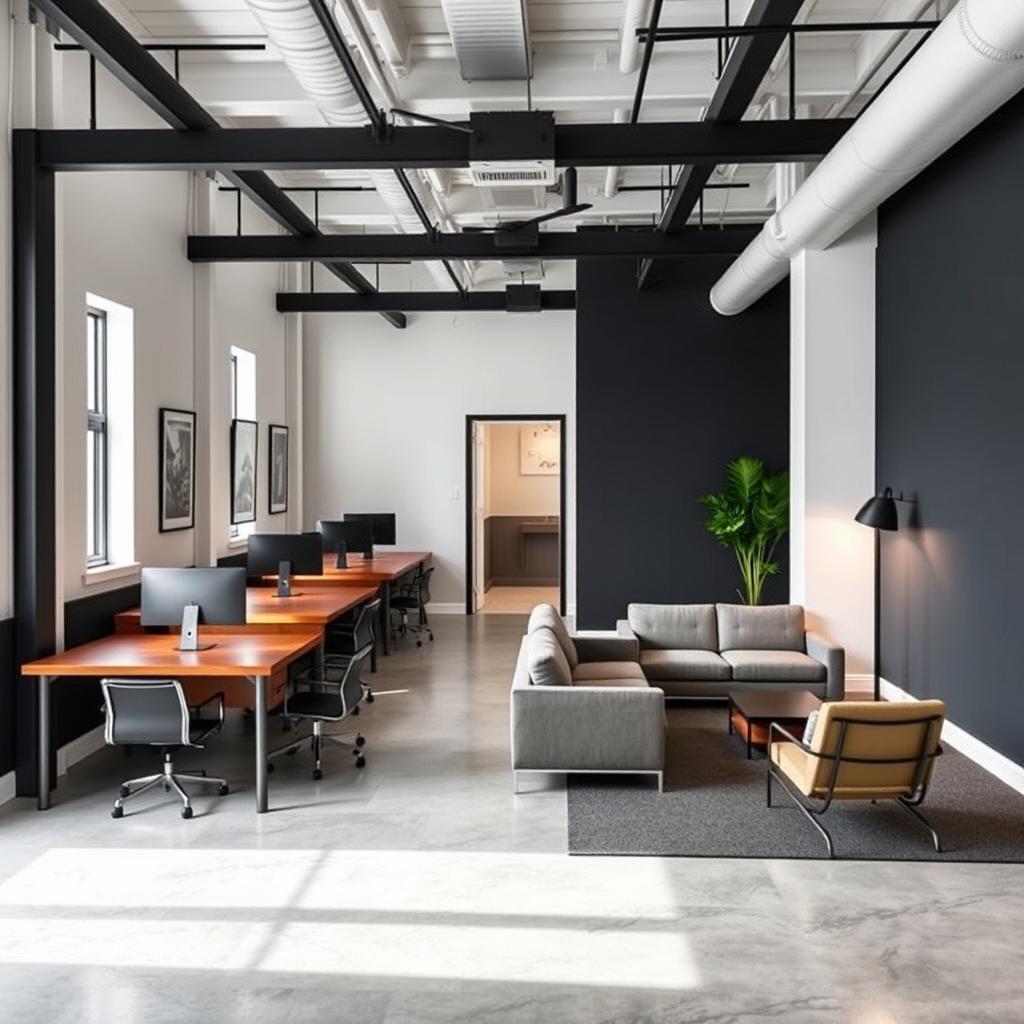 An industrial concept office space measuring 32 feet long and 15 feet wide, designed for efficient coworking and client interaction