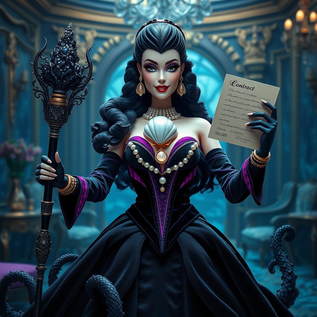 A glamorous and powerful figure, resembling a combination of Barbie and a vengeful sea witch named Úrsula