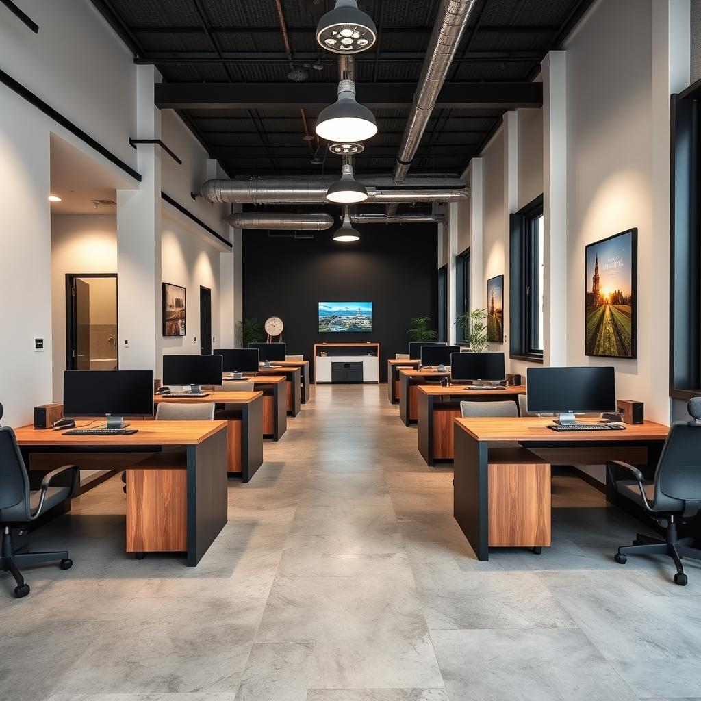 An industrial concept office space measuring 32 feet long and 15 feet wide, thoughtfully designed for a travel agency, featuring six individual wooden desks for coworkers positioned at the front for client service