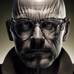 A detailed portrait of Walter White, the iconic character from Breaking Bad, with his signature glasses, bald head, and intense gaze.