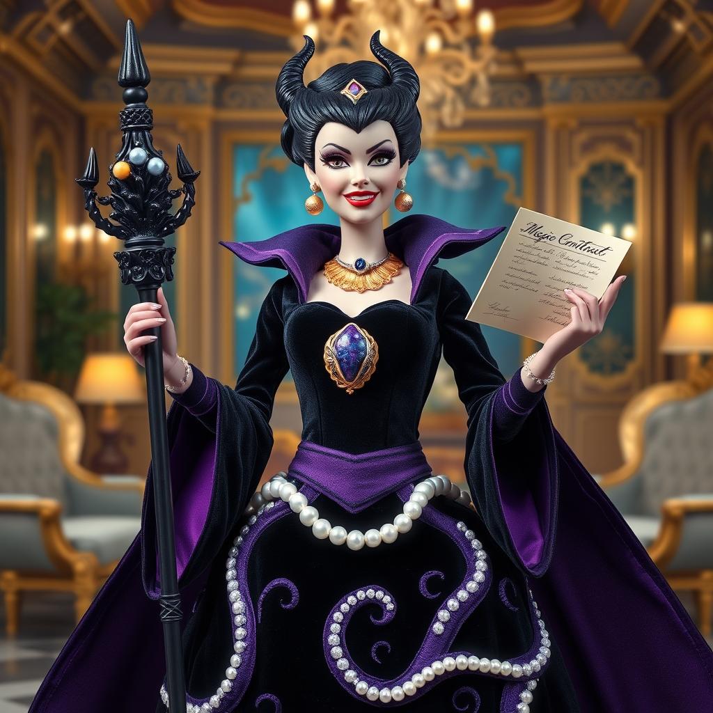 Barbie Úrsula Vengativa, the perfect combination of glamour and dark power, dressed in a stunning black velvet gown with purple and navy blue accents, cinched at the waist with a skirt that resembles undulating tentacles adorned with pearls and silver sparkles