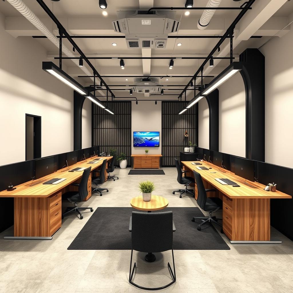 An industrial concept office space measuring 32 feet long and 15 feet wide, designed to accommodate six individual wooden desks for coworkers at the front, serving clients efficiently