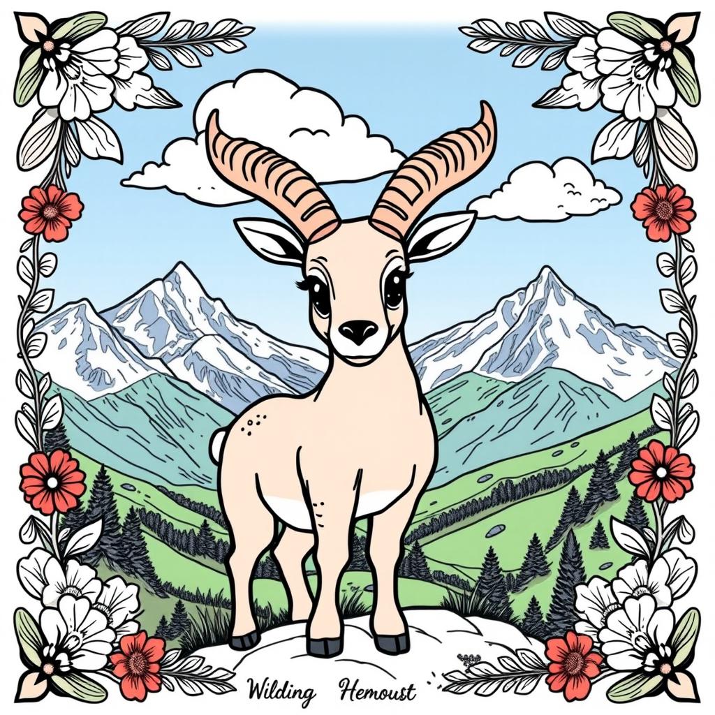 A cute wild chamois in a beautiful mountain landscape, perfect for a coloring page