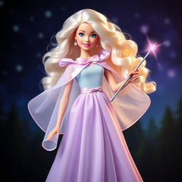 Barbie Hada Madrina radiates magic and kindness in a long, flowing dress of light sky blue and lavender, crafted from an ethereal fabric that subtly glimmers with every movement