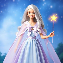 Barbie Hada Madrina radiates magic and kindness in a long, flowing dress of light sky blue and lavender, crafted from an ethereal fabric that subtly glimmers with every movement