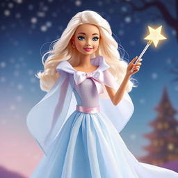 Barbie Hada Madrina radiates magic and kindness in a long, flowing dress of light sky blue and lavender, crafted from an ethereal fabric that subtly glimmers with every movement