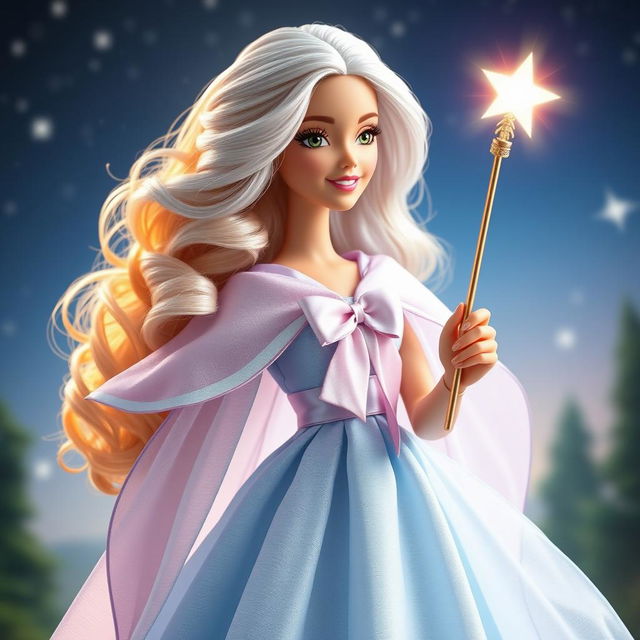 Barbie Hada Madrina radiates magic and kindness in a long, flowing dress of light sky blue and lavender, crafted from an ethereal fabric that subtly glimmers with every movement