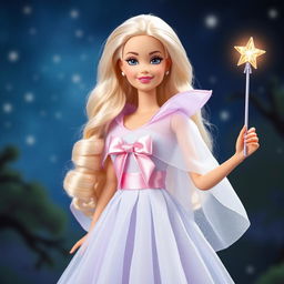 Barbie Hada Madrina radiating magic and kindness, wearing a long, ethereal dress in light sky blue and lavender that shimmers subtly with every movement