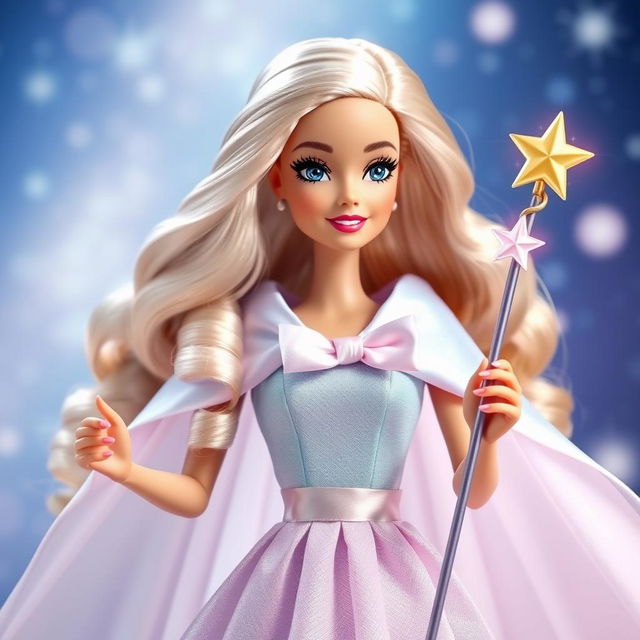Barbie Hada Madrina radiating magic and kindness, wearing a long, ethereal dress in light sky blue and lavender that shimmers subtly with every movement