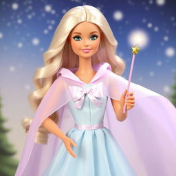 Barbie Hada Madrina radiating magic and kindness, wearing a long, ethereal dress in light sky blue and lavender that shimmers subtly with every movement