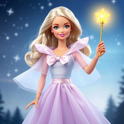 Barbie Hada Madrina radiating magic and kindness, wearing a long, ethereal dress in light sky blue and lavender that shimmers subtly with every movement