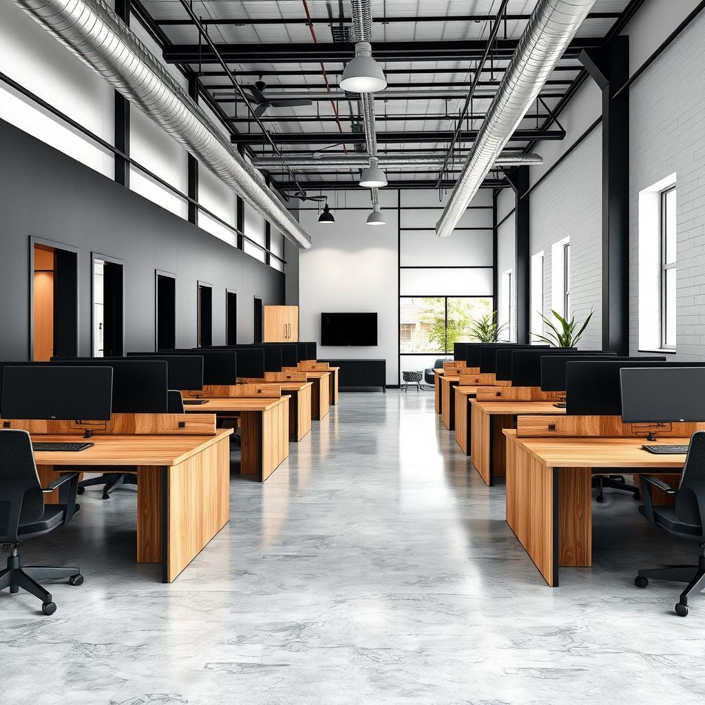 An industrial concept office space measuring 32 feet long and 15 feet wide, perfectly designed to accommodate six individual wooden desks for coworkers positioned at the front for client service