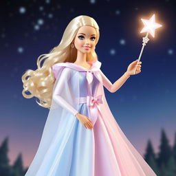 Barbie Hada Madrina radiates magic and kindness with her long, flowing dress in shades of light blue and lavender, made of an ethereal fabric that subtly glimmers with each movement