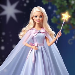 Barbie Hada Madrina radiates magic and kindness with her long, flowing dress in shades of light blue and lavender, made of an ethereal fabric that subtly glimmers with each movement