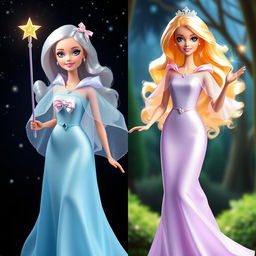 Barbie Hada Madrina radiates magic and kindness with her long, flowing dress in shades of light blue and lavender, made of an ethereal fabric that subtly glimmers with each movement