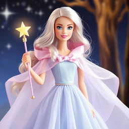 Barbie Hada Madrina radiates magic and kindness with her long, flowing dress in shades of light blue and lavender, made of an ethereal fabric that subtly glimmers with each movement