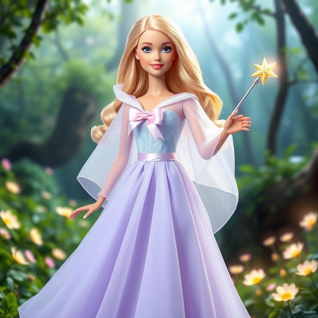 Barbie Hada Madrina radiating magic and kindness in a flowing long dress in light sky blue and lavender, made from an ethereal fabric that subtly sparkles with every movement