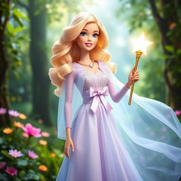 Barbie Hada Madrina radiating magic and kindness in a flowing long dress in light sky blue and lavender, made from an ethereal fabric that subtly sparkles with every movement