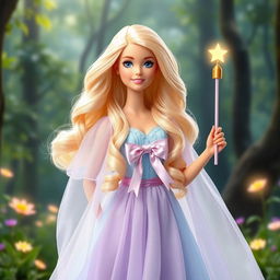 Barbie Hada Madrina radiating magic and kindness in a flowing long dress in light sky blue and lavender, made from an ethereal fabric that subtly sparkles with every movement