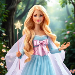 Barbie Hada Madrina radiating magic and kindness in a flowing long dress in light sky blue and lavender, made from an ethereal fabric that subtly sparkles with every movement