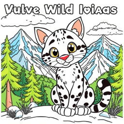 A cute wild wildcat coloring page featuring an adorable wildcat with big eyes, surrounded by a picturesque mountain landscape