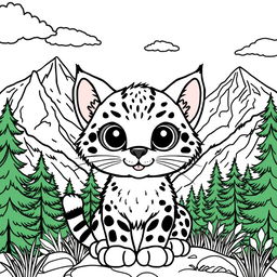A cute wild wildcat coloring page featuring an adorable wildcat with big eyes, surrounded by a picturesque mountain landscape