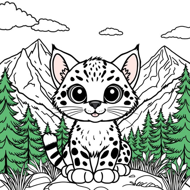 A cute wild wildcat coloring page featuring an adorable wildcat with big eyes, surrounded by a picturesque mountain landscape